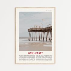 a poster with the words new jersey on it in front of a beach and pier