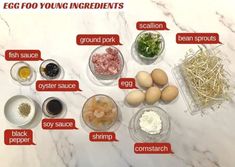 the ingredients for an egg fooing recipe are shown