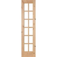 a wooden door with glass panels on the bottom and side panel, in front of a white background