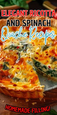 a quiche with spinach and cheese on top