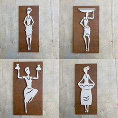 four cut outs of women with hats on their heads