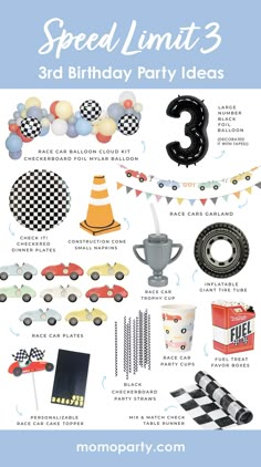 Get your engines ready for an unforgettable race car themed 3rd birthday party for your kids! Throw a "Speed Limit 3" race car party with unique car themed party decorations, balloons and modern race car tableware from Momo Party that will make your child's big day unforgettable. Fasten your seat belt and gear up for the racing fun at momoparty.com for more unique themed party ideas! Two Fast Two Furious, Car Themed Party, 3rd Birthday Party For Boy, Cars (disney) Party, Race Car Cakes, Hotwheels Birthday Party, Hot Wheels Birthday