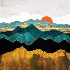 an abstract painting with mountains and the sun in the background