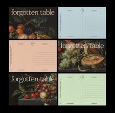 four different types of food with the words forgotten table written in each one's upper right corner