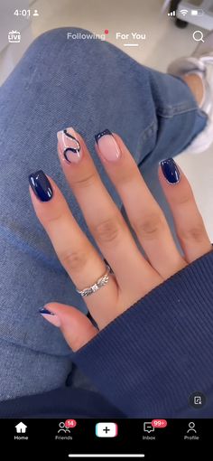 Nails Design With Natural Nails, French Tip With Solid Nail, Nails With One French Tip, Light Blue Nails With Dark Blue Lines, Hoco Nails For Navy Dress, Navy Biab Nails, Hoco Nails For Dark Blue Dress, Xs Nails Designs, Short Gel Nail Designs Natural Manicures