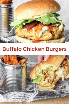 two pictures with the words buffalo chicken burgers on them and an open can of fries next to it