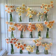 several vases filled with flowers sitting on a shelf