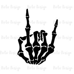 a skeleton hand making the v sign with it's fingers in black and white