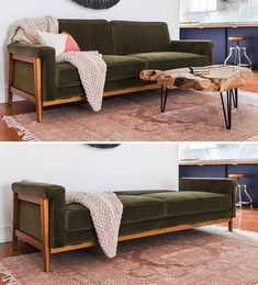 two photos of a green couch in a living room, one with a blanket on it