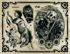 an old school tattoo design with skulls and skeletons