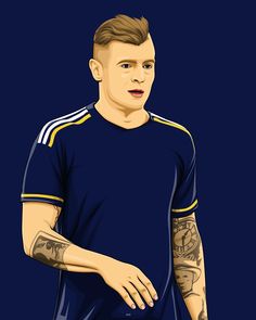 a drawing of a man with tattoos on his arms and chest, wearing a blue shirt