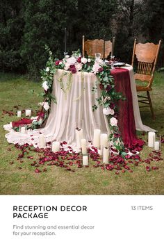 the reception decor package includes candles, flowers and greenery for an elegant touch to any outdoor space