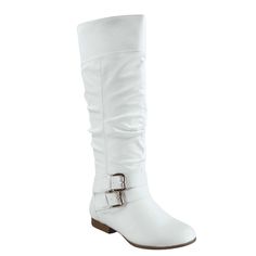 This Style Runs Pretty True To Size Round toe design Zipper for closure Double buckles Elestic band on top for extra stretch Finished with cushioned insole Faux Leather Heel Height: 1" (approx) shaft length: 17" (approx) top opening circumference: 16" (approx) Size: 9.  Color: White.  Gender: female.  Age Group: adult. Winter Boots Women Waterproof, Black And White Boots, Knee High Boots Winter, Knee High Riding Boots, Calf High Boots, Knee Length Boots, Casual Ankle Boots, Wedge Heel Boots, Low Heel Boots