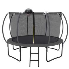 an empty trampoline is shown with the safety net on it's side