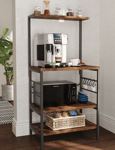 a microwave and coffee maker on a shelf