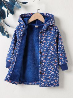 Blue Casual Collar Long Sleeve Fabric Floral,All Over Print Other Embellished Non-Stretch Winter Toddler Girls Clothing Childrens Coats, Toddler Coats Girl, Gaun Fashion, Sweet Shirt, Girls Outerwear, Girls Clothing Sets, Fabric Floral, Girl Coat