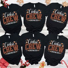 four christmas shirts with the words cookie crew on them