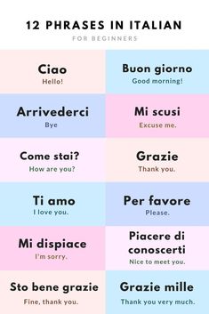 the italian phrases in different languages are displayed on a white and blue background with pink, green