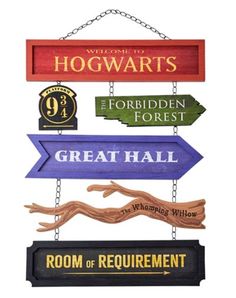 a sign hanging from the side of a building that says hogwarts and forbidden forest