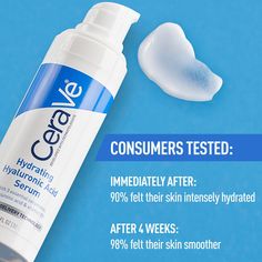 Developed with dermatologists, CeraVe Hydrating Hyaluronic Acid Serum for Face - with three essential ceramides, our highest concentration of hyaluronic acid, and vitamin B5 - replenishes skin hydration while helping restore the protective skin barrier and improve the appearance of dry lines for instantly smoother, softer skin. Face serum is a efreshing gel-cream, ightweight, hydrating serum with a smooth, gel texture. Like all CeraVe Products, this serum features CeraVe's patented MVE ingredien Cerave Products, Hydrating Face Serum, Cerave Moisturizer, Serum For Dry Skin, Serum For Face, Gel Texture, Serum Cream, Skin Hydration, Retinol Serum