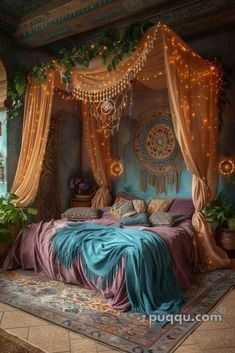 a canopy bed with curtains and lights on the headboard is decorated in purple, teal and gold