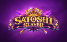 the logo for satoshi slayer is shown in purple and yellow colors with an ornate crown on top