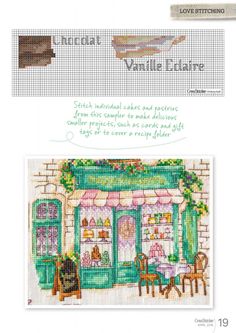 a cross stitch pattern showing the front and side of a store