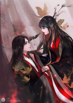 two women dressed in traditional japanese clothing, one with long black hair and the other wearing red