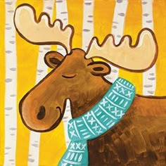 a painting of a moose wearing a blue knitted necktie and standing in front of striped background