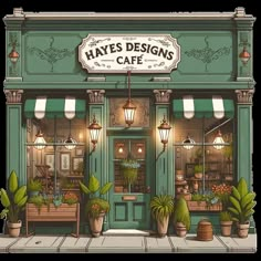 an illustration of a store front with potted plants and lights on the outside windows