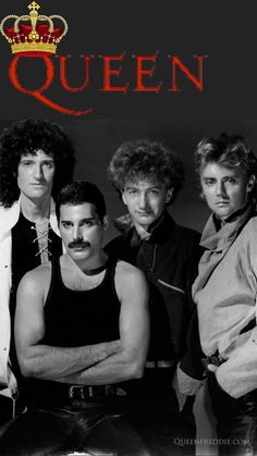 the queen band with their arms crossed in front of a black and white poster that says,