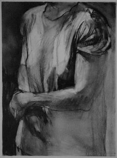 a black and white drawing of a woman with her hands on her chest, looking to the side