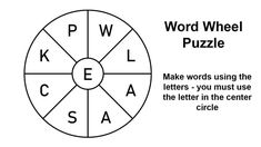 the word wheel puzzle is shown in black and white, with an image of letters on it