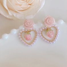 Cute Love Heat Pink Rose Pearl Earrings SP16536 - Harajuku Kawaii Fashion Anime Clothes Fashion Store - SpreePicky Magical Clothes, Strawberry Earrings, Coquette Outfit, Pretty Accessories, Style Bundle, Fashion Drawings, Heart Drop Earrings, Pink Jewelry