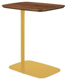 a square table with a wooden top and metal base, viewed from the front view