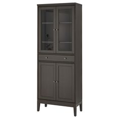 a tall wooden cabinet with glass doors on the front and bottom shelves, in dark brown