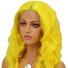 Synthetic Hair Lace Frontal Wig Lace Color: Light Brown 150% Density Length: 14 Inch Color: Yellow Cap Size: Medium Cap Size In Default Circumference: 22.25" Front To Nape: 14.5" Ear To Ear (Cross Forehead): 12.5" Ear To Ear (Cross Top): 12.75" Temple To Temple (Across The Back): 15" Back Of Nape: 5.5" Glueless Wigs: Lace Front Wig With Combs, Adjustable Straps Easy To Wear Sbj Yellow Lace Front Wig, Color Wigs For Black Women, Bobbi Boss Wigs, Hidden Crown Hair Extensions, Drag Queen Wigs, Dark Brown Hair Extensions, Crown Hair Extensions, Cashmere Hair, Bellami Hair Extensions