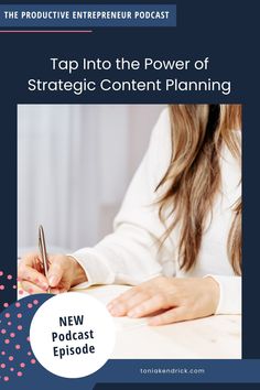 a woman sitting at a desk writing on a piece of paper with the words top into the power of strategic content planning