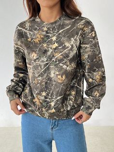 Vintage Camo Branch Street Casual Minimalist Graphic Print Crew Neck Loose Fit Long Sleeve Sweatshirt For Women Multicolor Casual  Wrist-Length Sleeve Knitted Fabric All Over Print Pullovers Slight Stretch  Women Clothing, size features are:Bust: ,Length: ,Sleeve Length: Sweatshirt For Women, Long Sleeve Sweatshirt, Street Casual, Print Pullover, Christmas Wishlist, Long Sleeve Sweatshirts, Sports Equipment, All Over Print, Graphic Prints