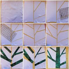 the steps in how to make a tree quilt with squares and lines on it,