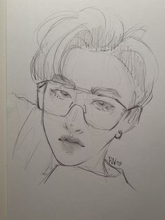 a pencil drawing of a woman with glasses