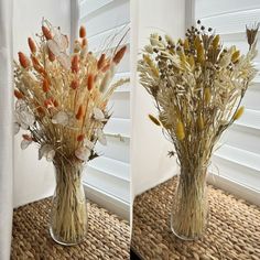 two vases filled with dried flowers on top of a table