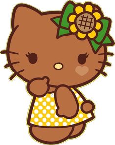 hello kitty with brown skin, sunflower bow in her hair, in a yellow polka dotted dress, there’s a yellow back drop. Black Hello Kitty, Kitty Icon, Hello Kitty Backgrounds, Poses References, Mini Drawings, Hello Kitty Wallpaper, Sanrio Characters, Cartoon Pics, Aesthetic Pictures