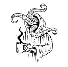 an ink drawing of a person holding a coffee cup with tentacles coming out of it