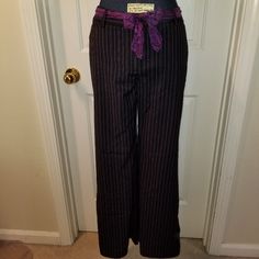 #935 Nwot Apostrophe Black & Purple Stripe Pants Sz 6 W Detachable Soft Purple Belt & 2 Pockets. Very Nice Fabric & Detail! All My Items Are From Smoke & Other Smells Free Environment Measurements And Details Are In The Pictures. All Reasonable Offers Will Be Considered. Contents And Details As Pictured. All Measurements Are Approximate And In Inches, Described To The Best Of My Abilities. No Returns. Dummy: Bust 34.25" Waist 26" Hips 35.25" 23" Long. Fitted Straight Leg Pants In Purple, Fitted Wide Leg Purple Pants, Purple Pants For Night Out In Fall, Purple Fitted Wide Leg Pants, Fitted Straight Leg Purple Pants, Dark Purple Pants Women, Fitted Purple Straight Leg Pants, Baggy Purple Bottoms With Pockets, Purple Trip Pants