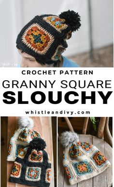 crochet pattern granny square slouch hat with pom - pom