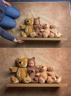 there are two shelves with teddy bears on them and one is holding a baby's head