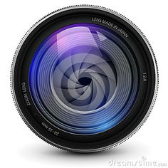 a camera lens on a white background with blue and purple lights in the bottom corner