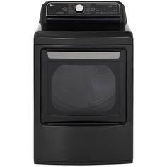 the front load washer is shown in black, and has an automatic dryer