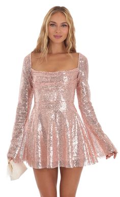 Sequin Flare Dress in Rose Gold Glitz And Glam Outfit, Pink Sparkle Dress, Short Sparkly Dresses, Pink Sparkly Dress, Upf Clothing, Ideal Closet, Dresses Date Night, Tour Outfits, Knee Highs